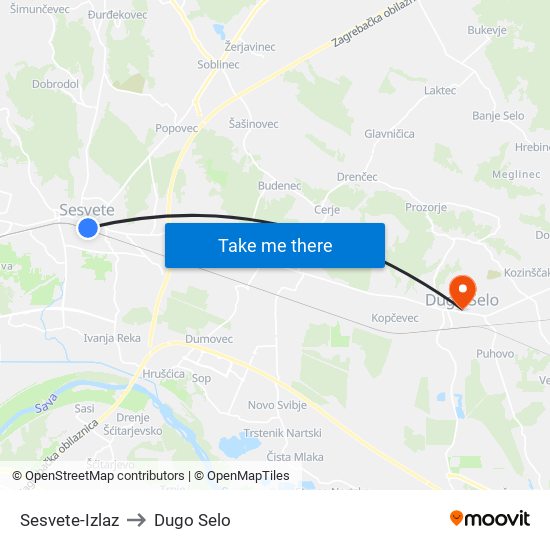 Sesvete-Izlaz to Dugo Selo map