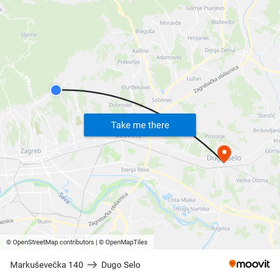 Markuševečka 140 to Dugo Selo map