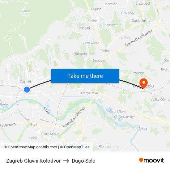 Zagreb Glavni Kolodvor to Dugo Selo map