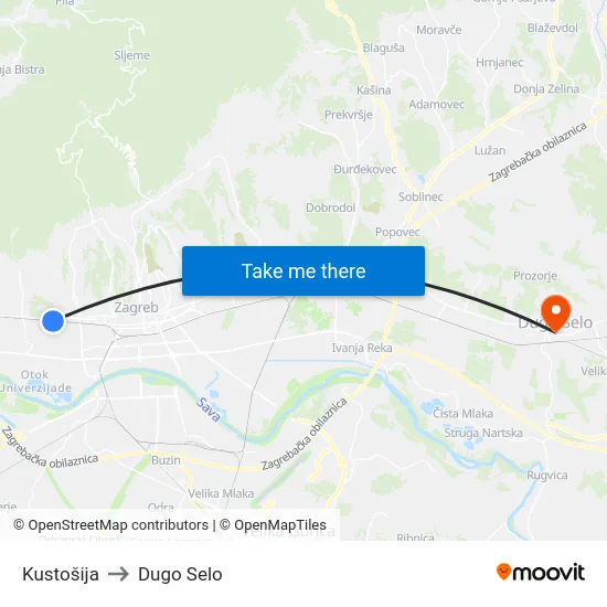 Kustošija to Dugo Selo map