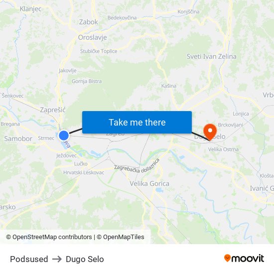Podsused to Dugo Selo map