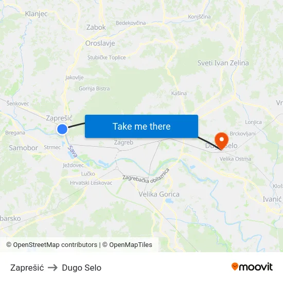 Zaprešić to Dugo Selo map