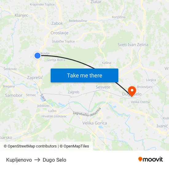 Kupljenovo to Dugo Selo map