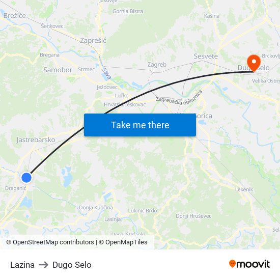 Lazina to Dugo Selo map