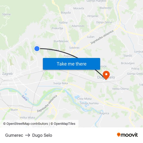 Gumerec to Dugo Selo map