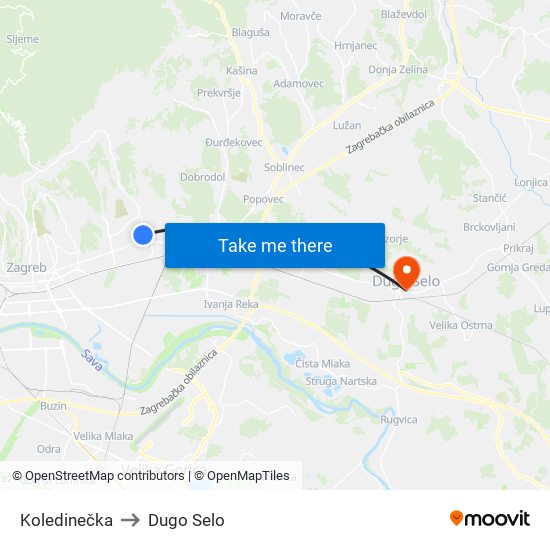 Koledinečka to Dugo Selo map