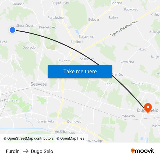 Furdini to Dugo Selo map