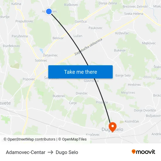 Adamovec-Centar to Dugo Selo map