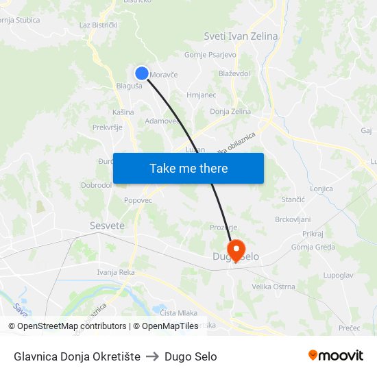 Glavnica Donja Okretište to Dugo Selo map