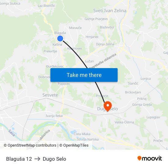 Blaguša 12 to Dugo Selo map