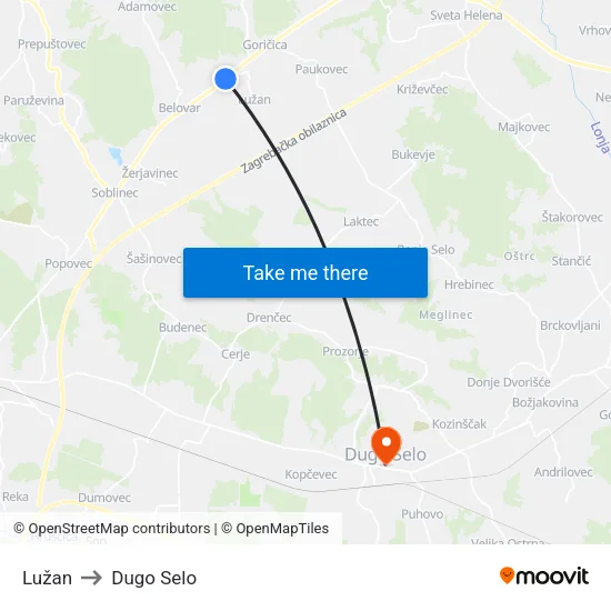 Lužan to Dugo Selo map