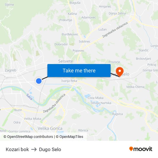 Kozari bok to Dugo Selo map