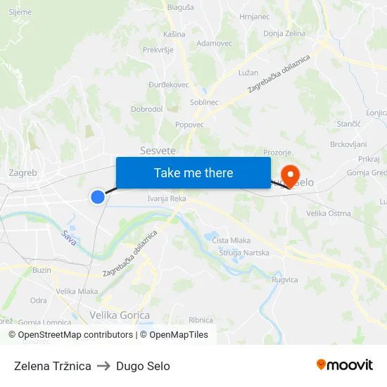 Zelena Tržnica to Dugo Selo map