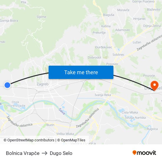 Bolnica Vrapče to Dugo Selo map