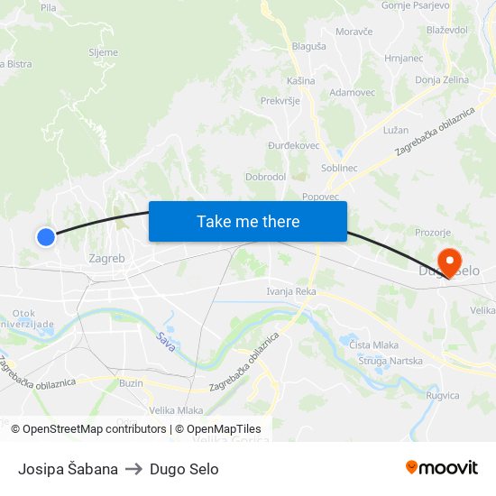 Josipa Šabana to Dugo Selo map