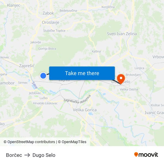 Borčec to Dugo Selo map
