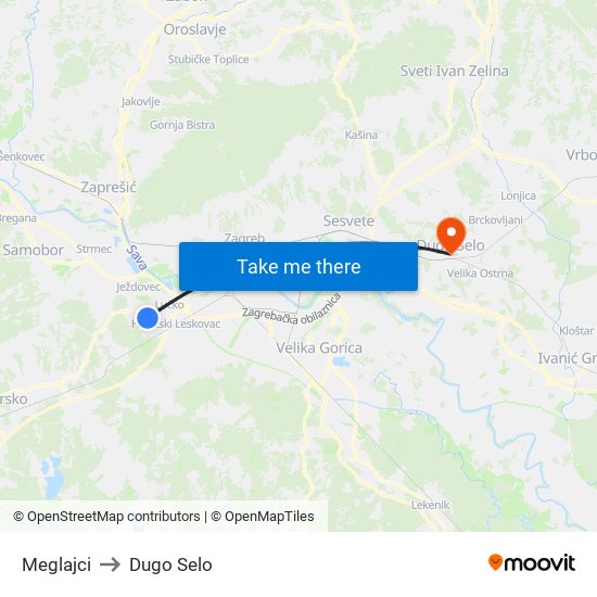 Meglajci to Dugo Selo map