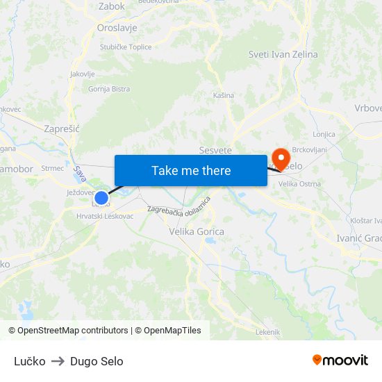 Lučko to Dugo Selo map