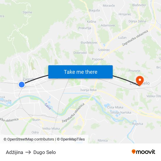 Adžijina to Dugo Selo map