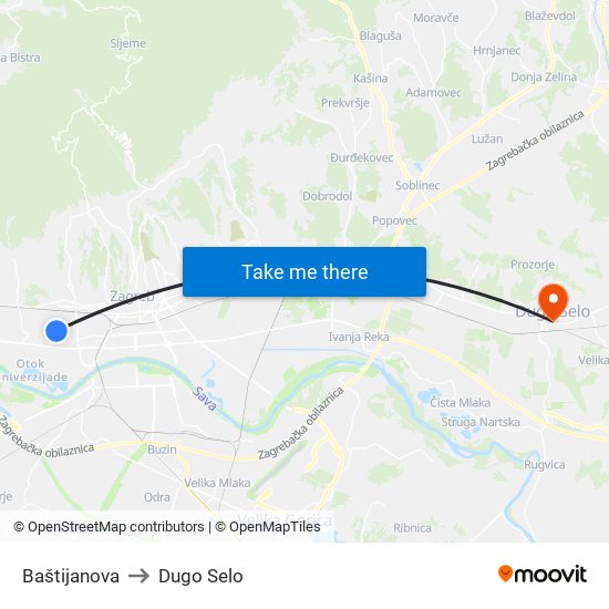 Baštijanova to Dugo Selo map