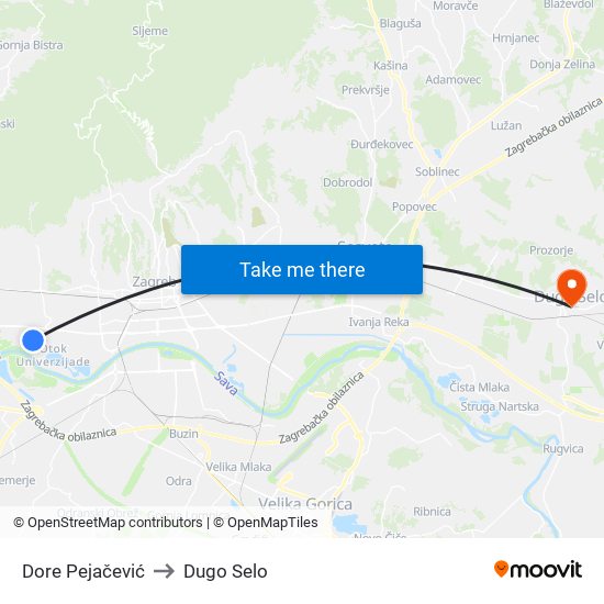 Dore Pejačević to Dugo Selo map