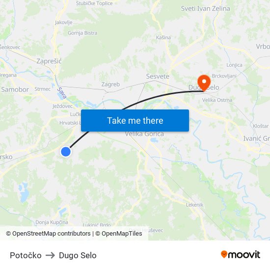 Potočko to Dugo Selo map