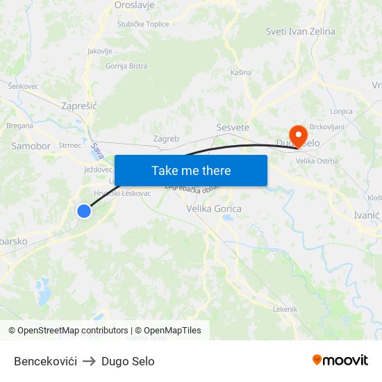 Bencekovići to Dugo Selo map