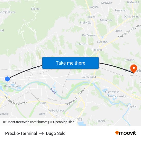 Prečko-Terminal to Dugo Selo map