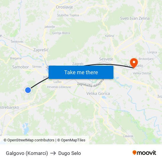 Galgovo (Komarci) to Dugo Selo map