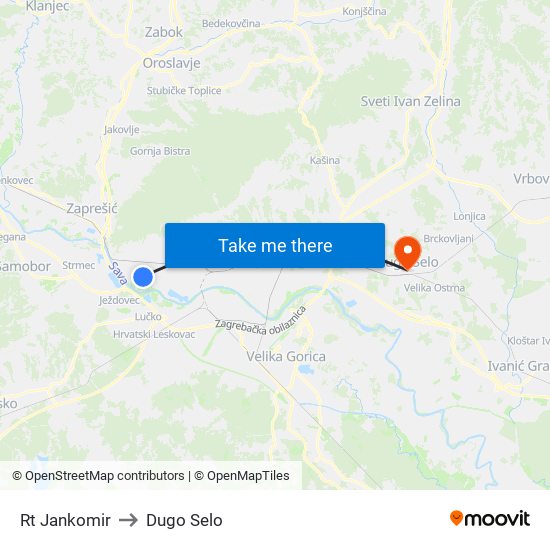 Rt Jankomir to Dugo Selo map