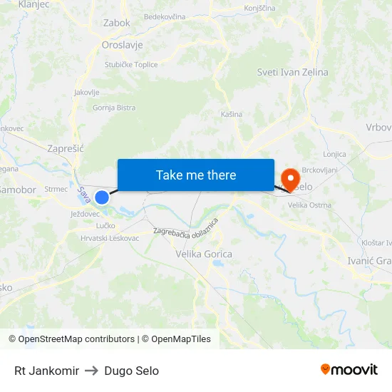 Rt Jankomir to Dugo Selo map