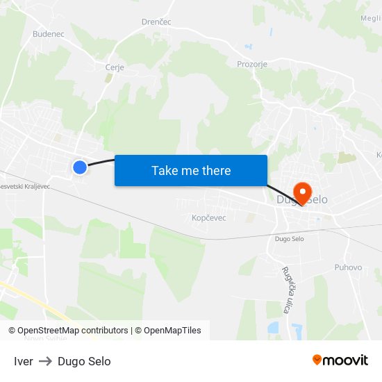 Iver to Dugo Selo map