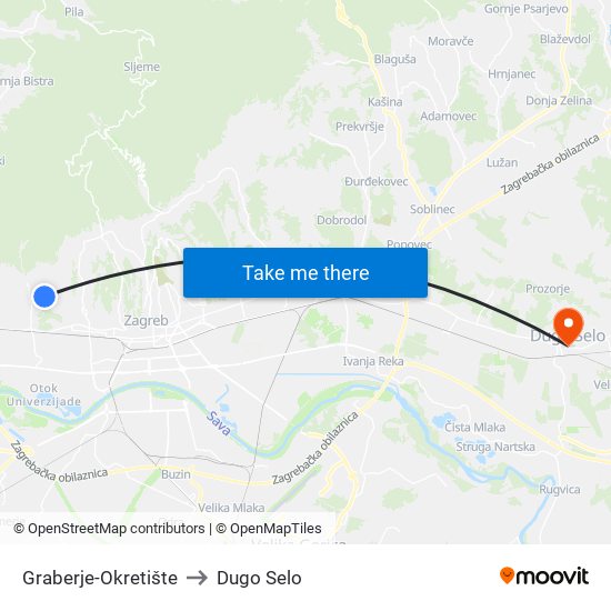 Graberje-Okretište to Dugo Selo map