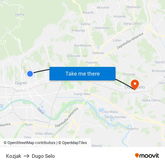 Kozjak to Dugo Selo map