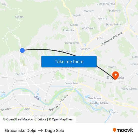 Gračansko Dolje to Dugo Selo map