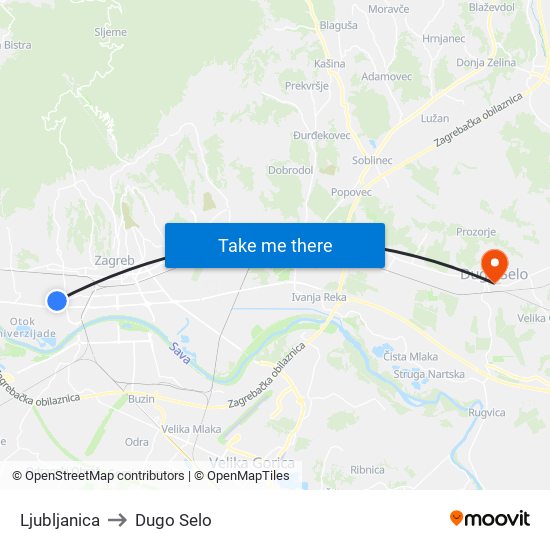 Ljubljanica to Dugo Selo map