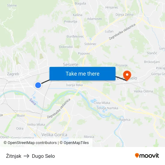 Žitnjak to Dugo Selo map