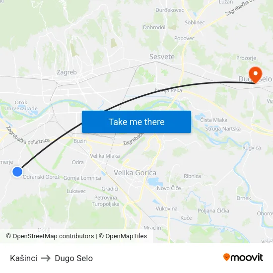 Kašinci to Dugo Selo map