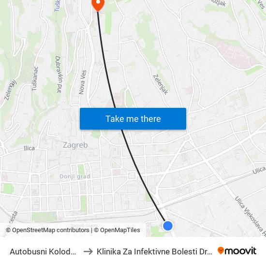 Autobusni Kolodvor Zagreb to Klinika Za Infektivne Bolesti Dr. Fran Mihaljević map