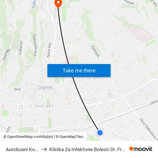 Autobusni Kolodvor to Klinika Za Infektivne Bolesti Dr. Fran Mihaljević map