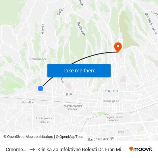 Črnomerec to Klinika Za Infektivne Bolesti Dr. Fran Mihaljević map