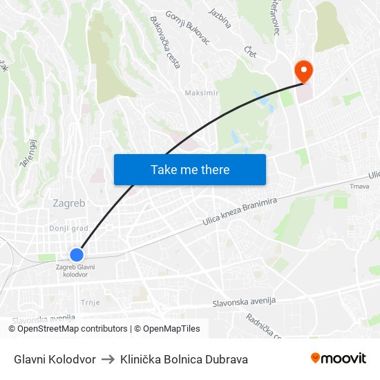 Glavni Kolodvor to Klinička Bolnica Dubrava map