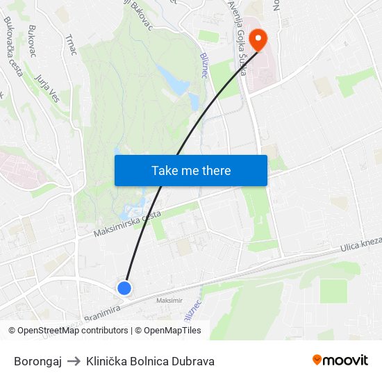 Borongaj to Klinička Bolnica Dubrava map