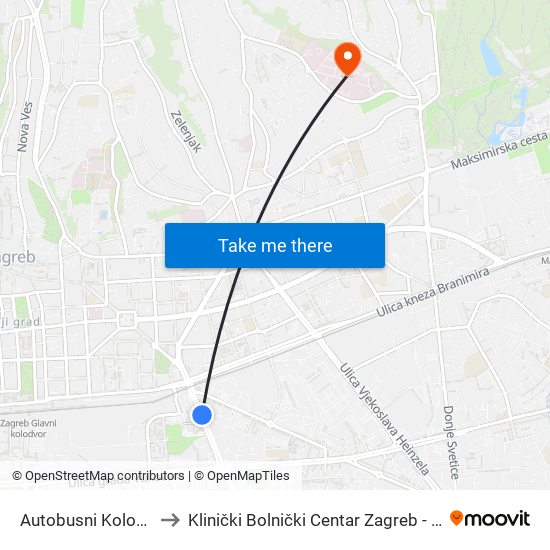 Autobusni Kolodvor to Klinički Bolnički Centar Zagreb - Rebro map