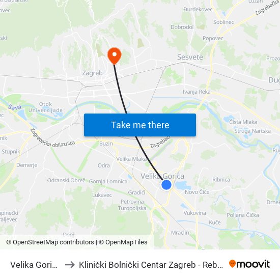 Velika Gorica to Klinički Bolnički Centar Zagreb - Rebro map