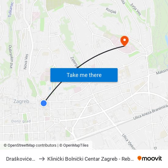 Draškovićeva to Klinički Bolnički Centar Zagreb - Rebro map
