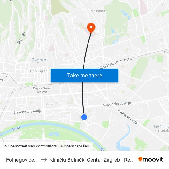 Folnegovićevo to Klinički Bolnički Centar Zagreb - Rebro map