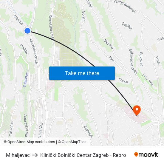 Mihaljevac to Klinički Bolnički Centar Zagreb - Rebro map