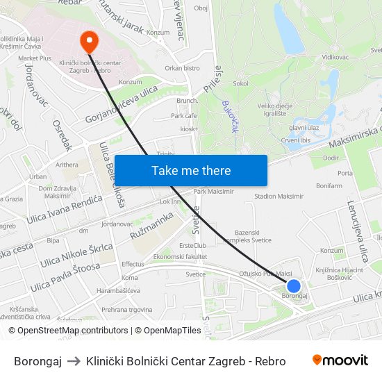 Borongaj to Klinički Bolnički Centar Zagreb - Rebro map