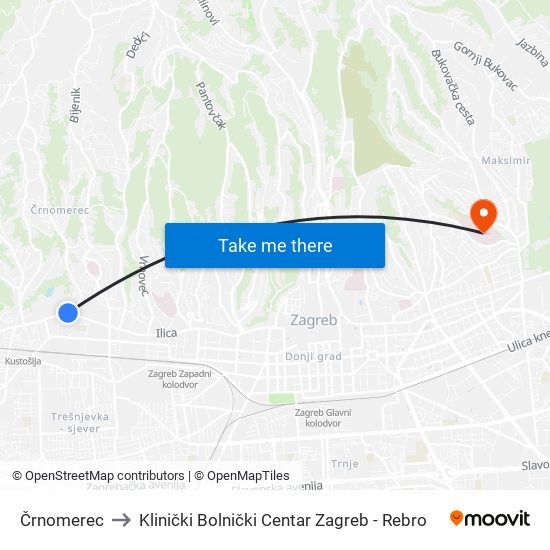 Črnomerec to Klinički Bolnički Centar Zagreb - Rebro map